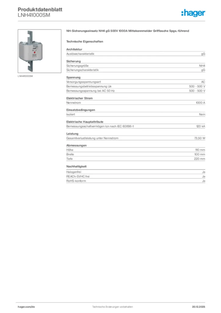 Bild Hager Produktdatenblatt LNH41000SM | Hager Deutschland