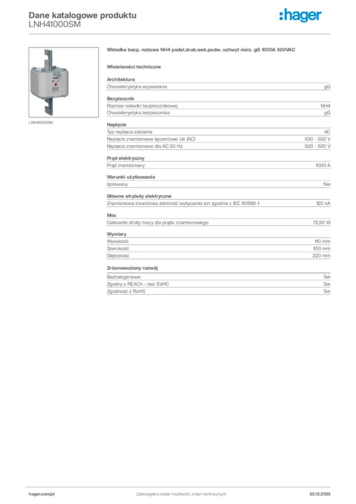 Zdjęcie Hager Karta katalogowa LNH41000SM | Hager Polska