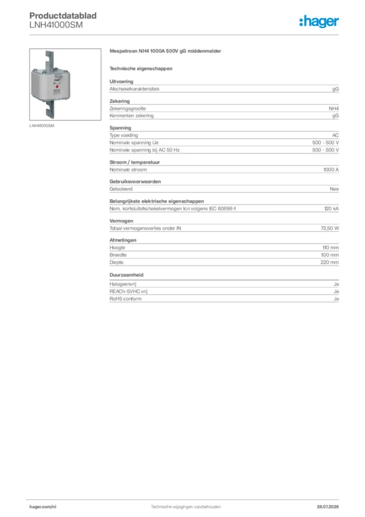 Afbeelding Hager Productdatablad LNH41000SM | Hager Nederland