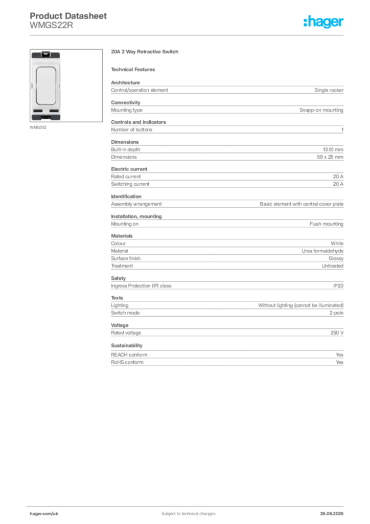 Image Hager Product data sheet WMGS22R  | Hager