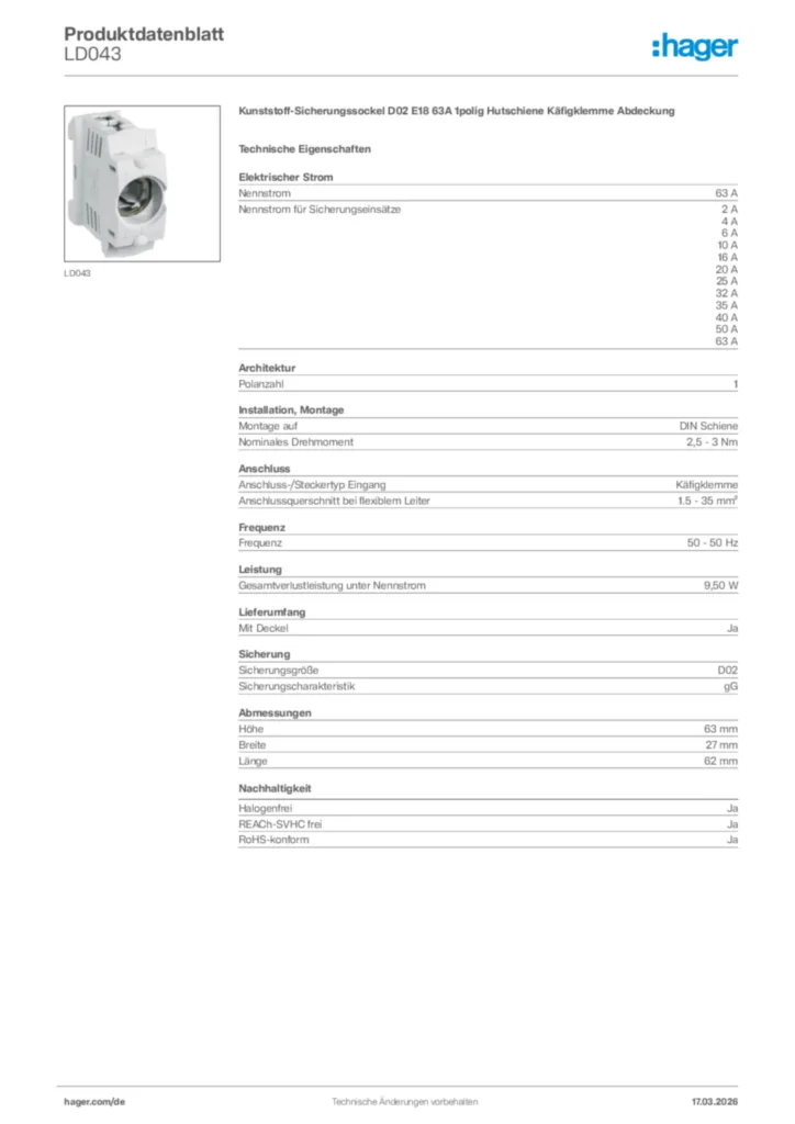 Bild Hager Produktdatenblatt LD043 | Hager Deutschland