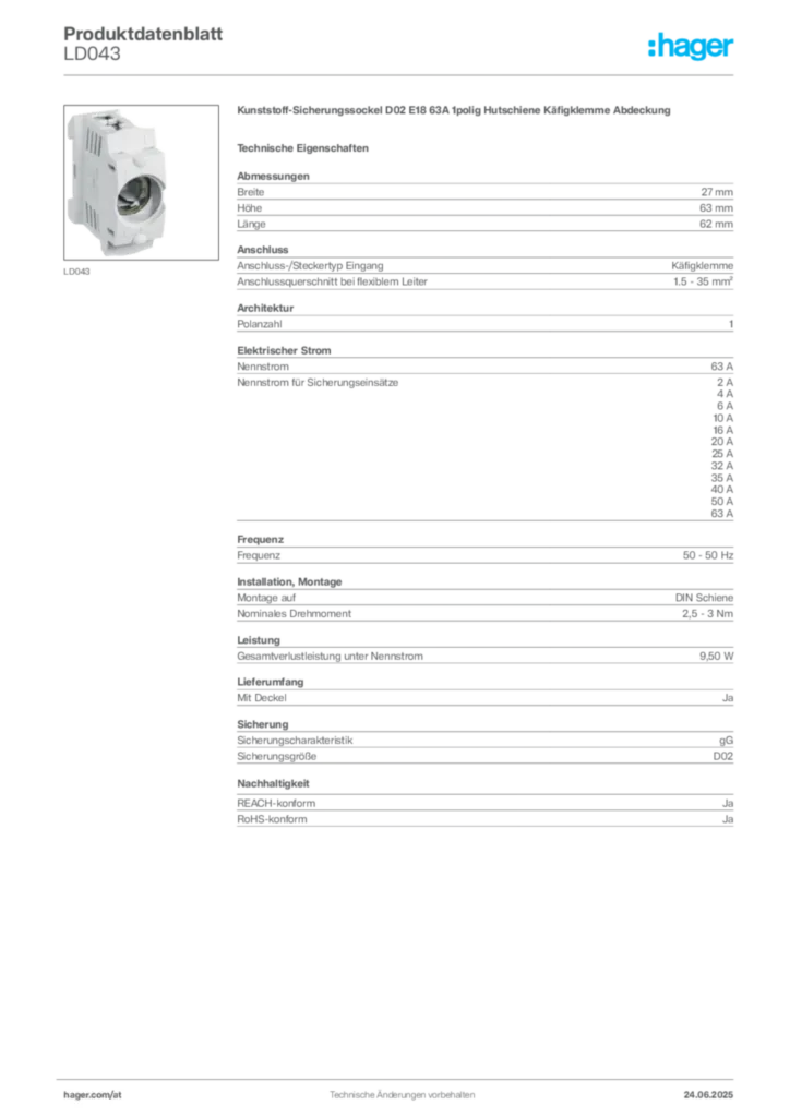 Bild Hager Produktdatenblatt LD043 | Hager Deutschland