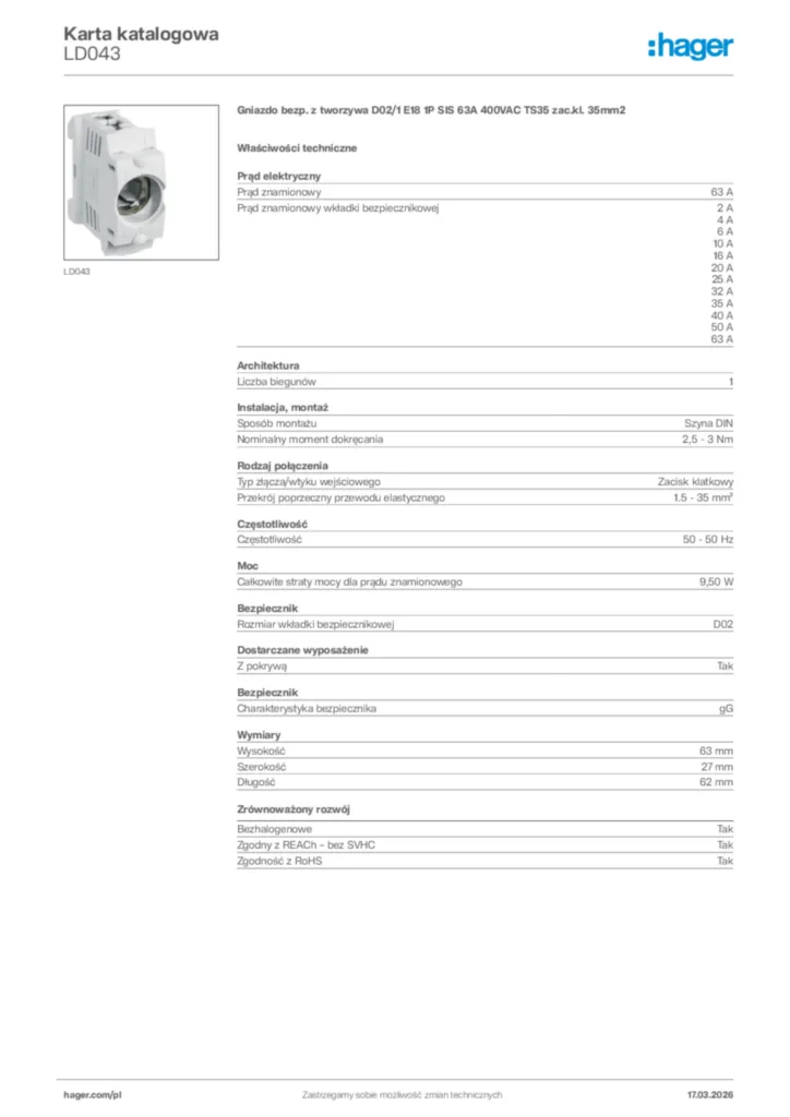 Zdjęcie Hager Karta katalogowa LD043 | Hager Polska