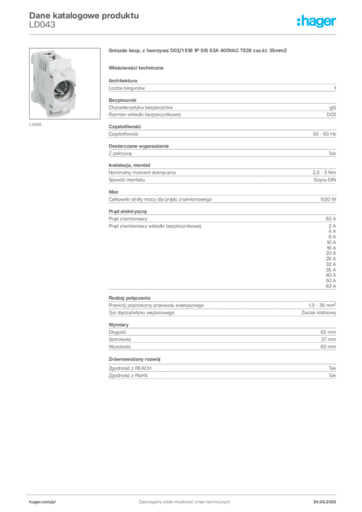 Zdjęcie Hager Karta katalogowa LD043 | Hager Polska