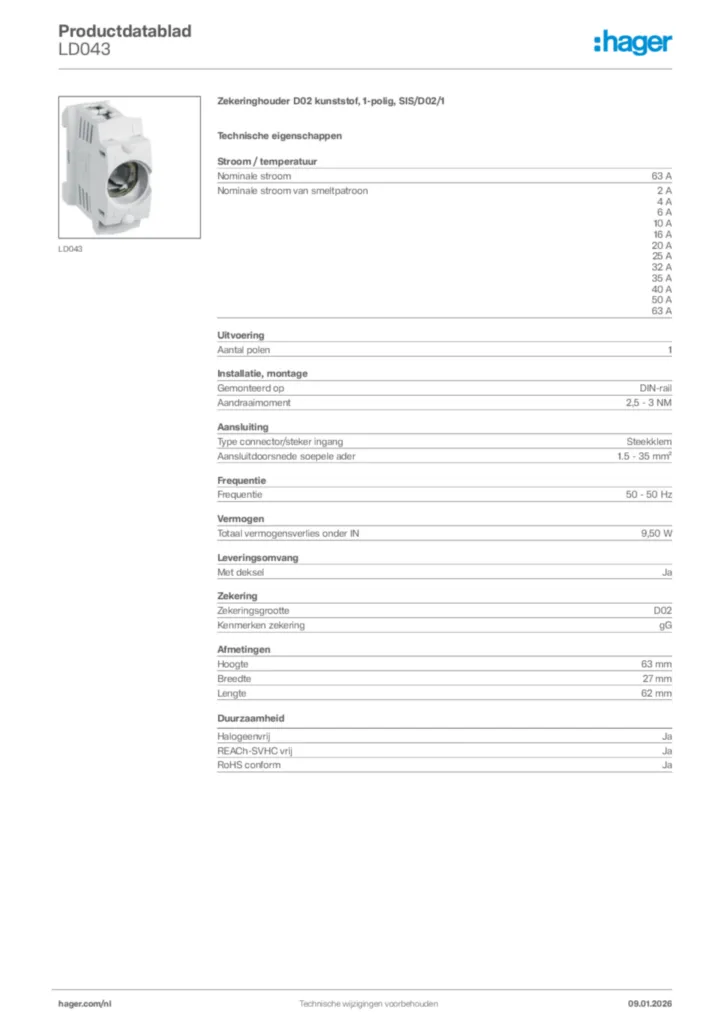 Afbeelding Hager Productdatablad LD043 | Hager Nederland