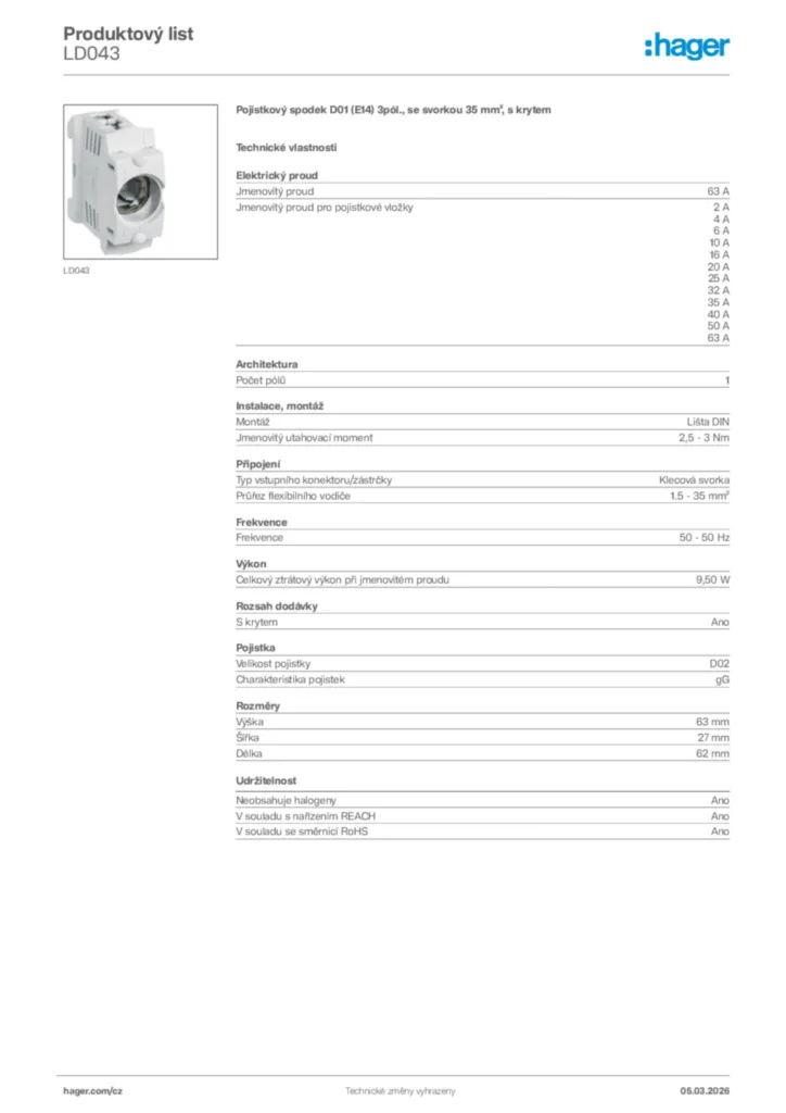 Obrázek Hager Product data sheet LD043 | Hager