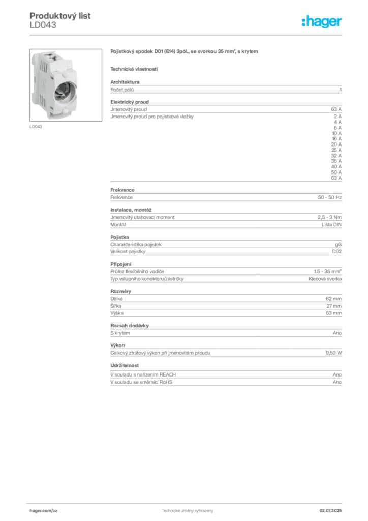 Obrázek Hager Produktový list LD043 | Hager