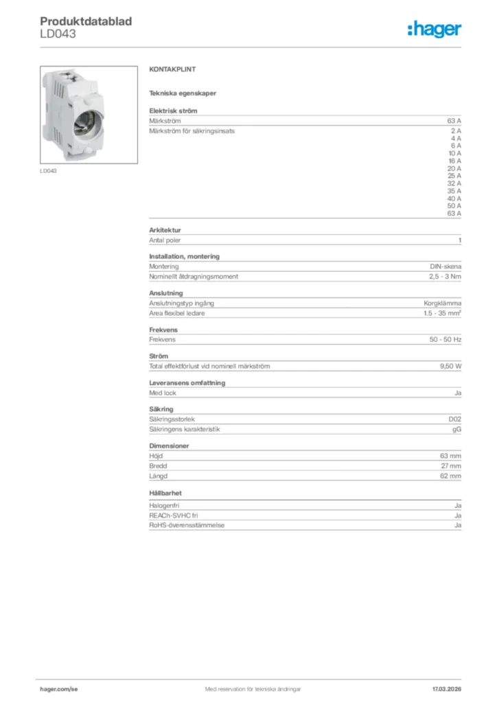 Bild Hager Produktdatablad LD043 | Hager Sverige