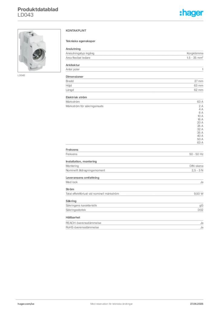 Bild Hager Produktdatablad LD043 | Hager Sverige