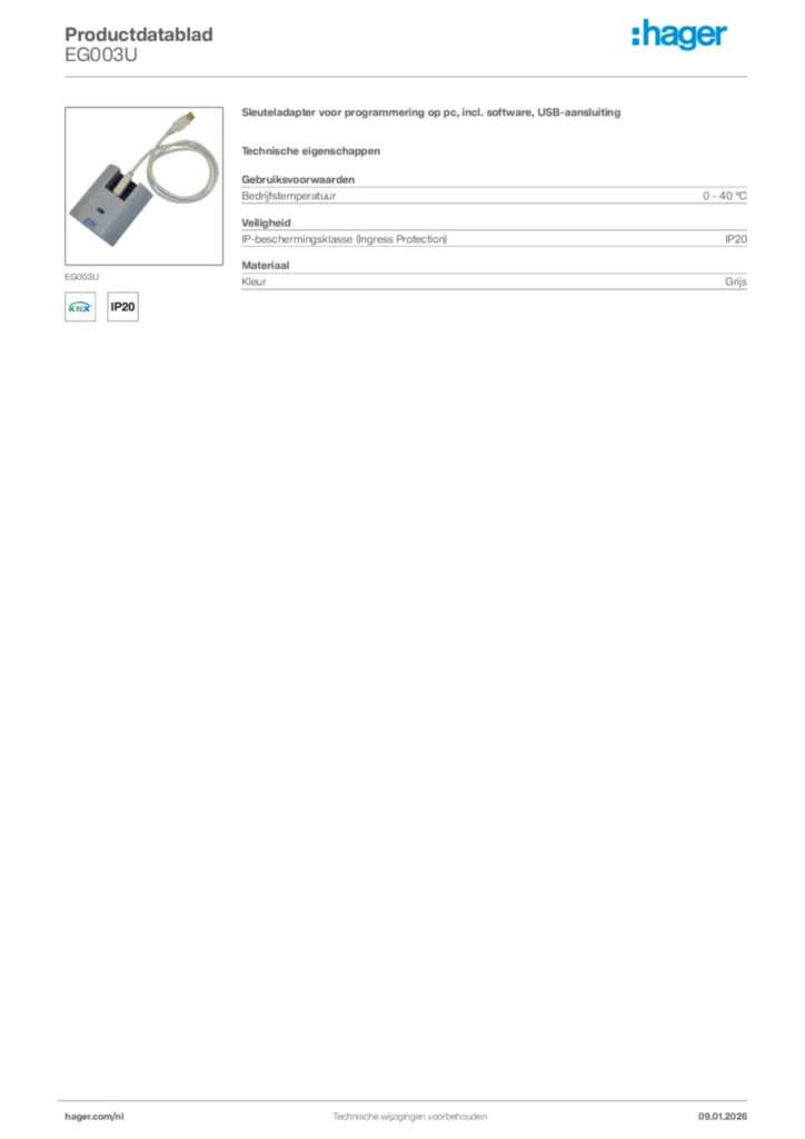 Afbeelding Hager Productdatablad EG003U | Hager Nederland