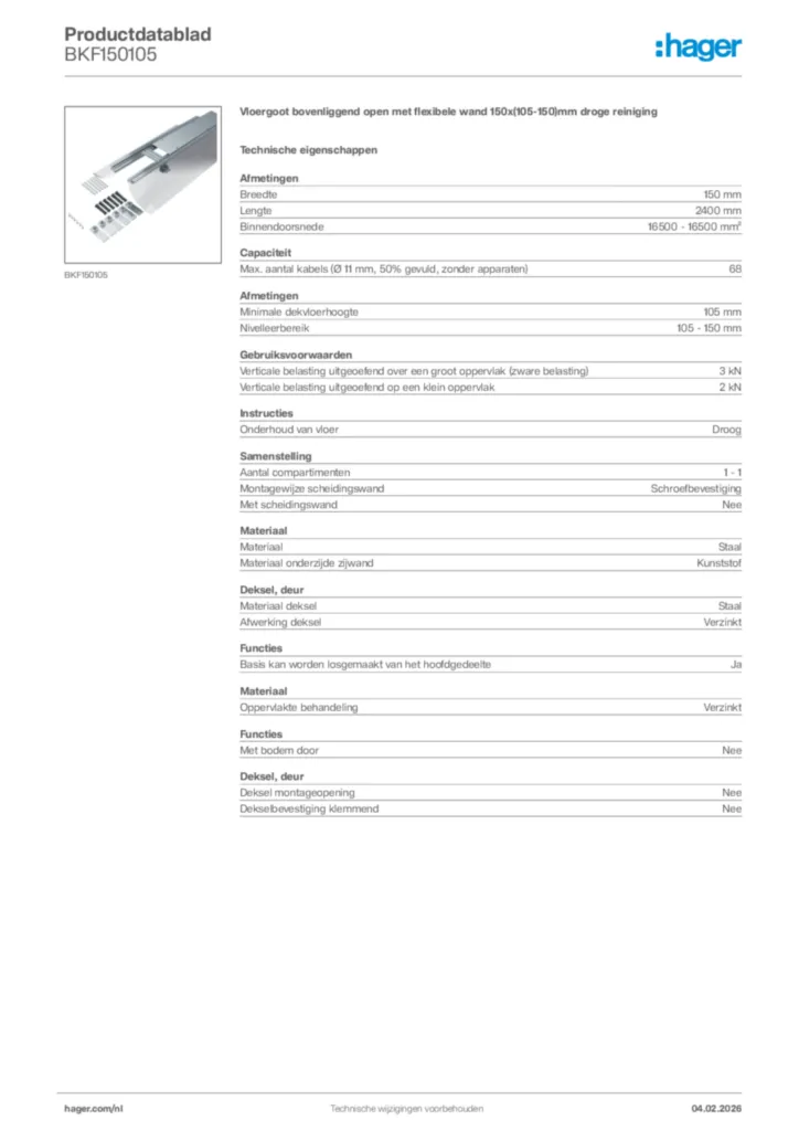 Afbeelding Hager Productdatablad BKF150105 | Hager Nederland
