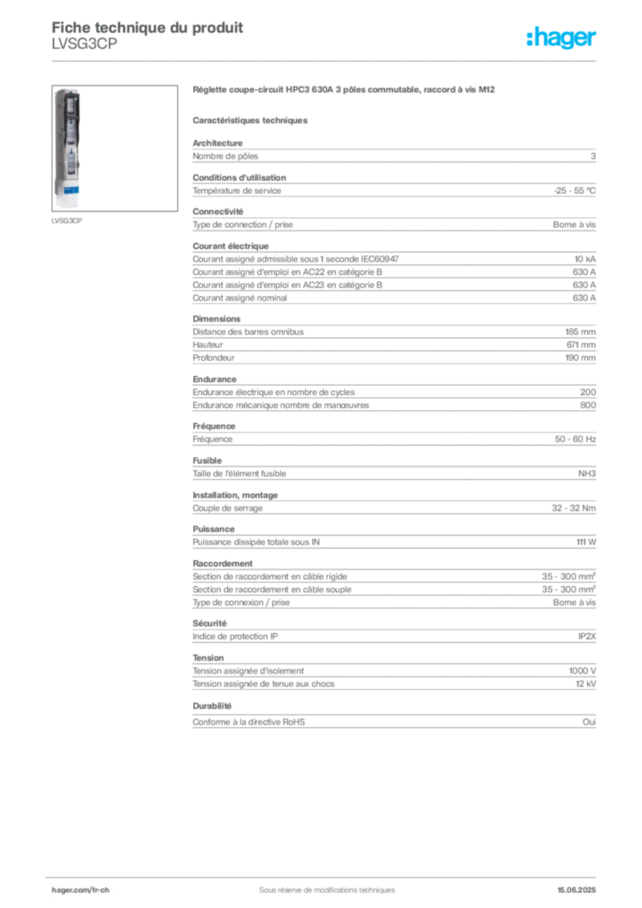 Image Hager Fiche technique du produit LVSG3CP | Hager Suisse