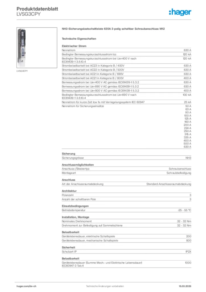 Bild Hager Produktdatenblatt LVSG3CPY | Hager Schweiz