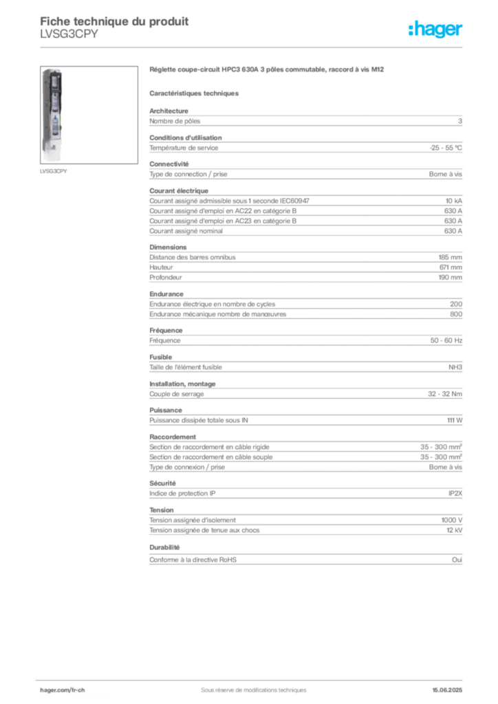 Image Hager Fiche technique du produit LVSG3CPY | Hager Suisse