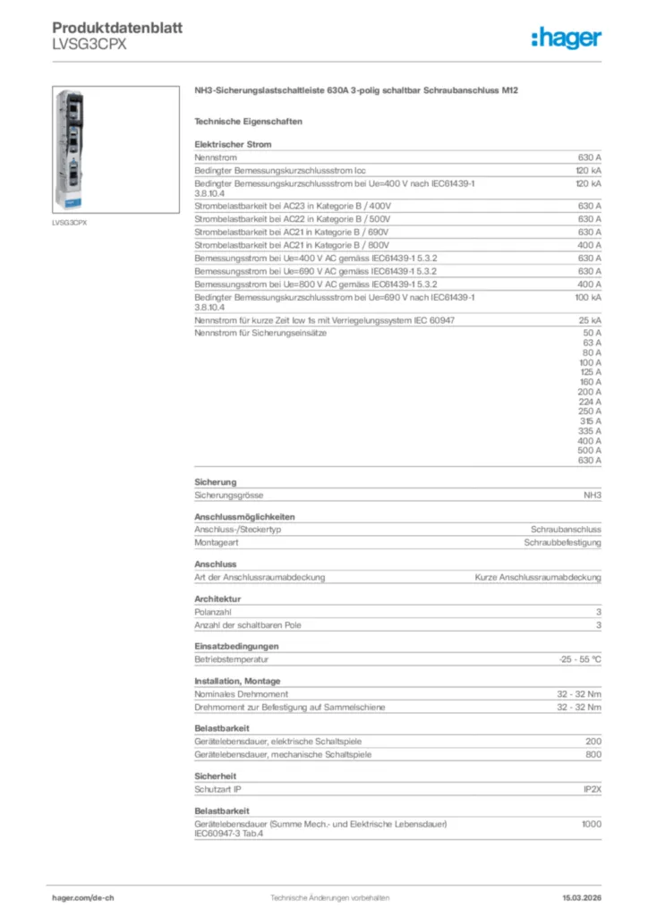 Bild Hager Produktdatenblatt LVSG3CPX | Hager Schweiz