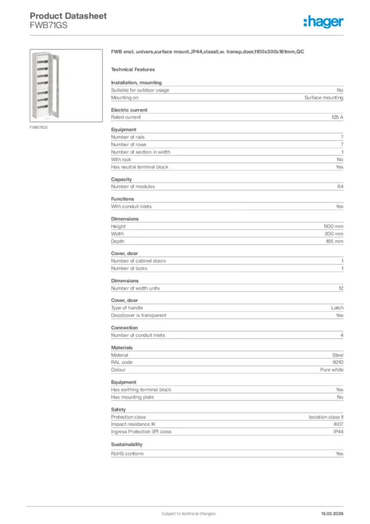 Image Hager Product data sheet FWB71GS  | Hager Africa
