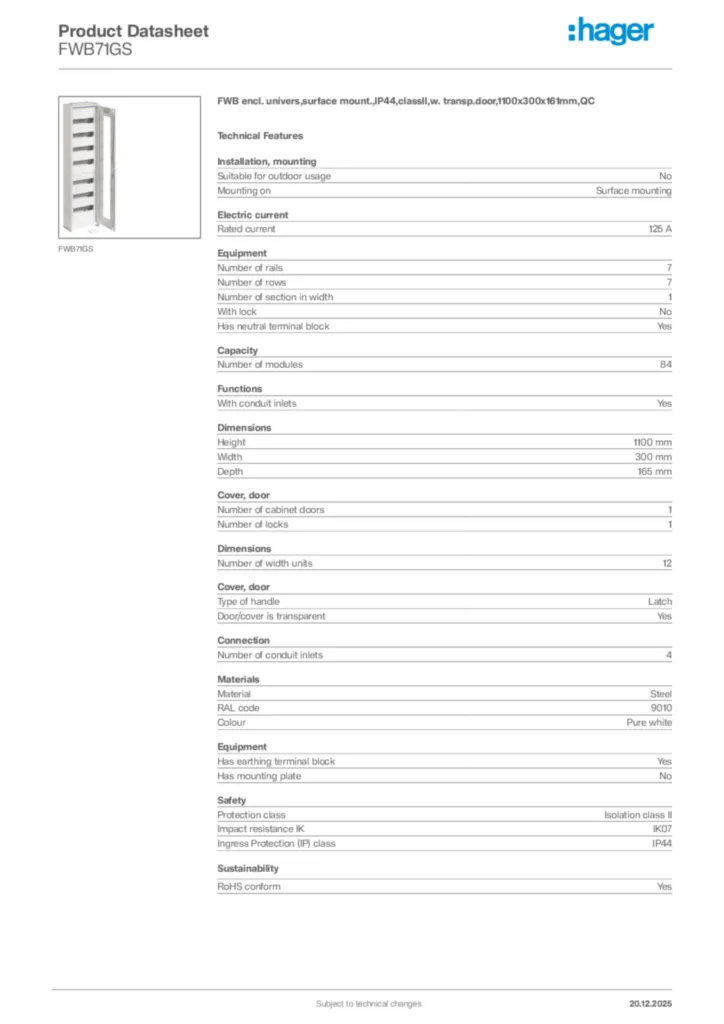Image Hager Product data sheet FWB71GS  | Hager Africa