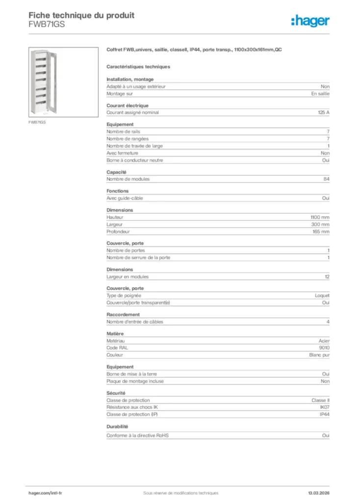Image Hager Fiche technique du produit FWB71GS | Hager Afrique