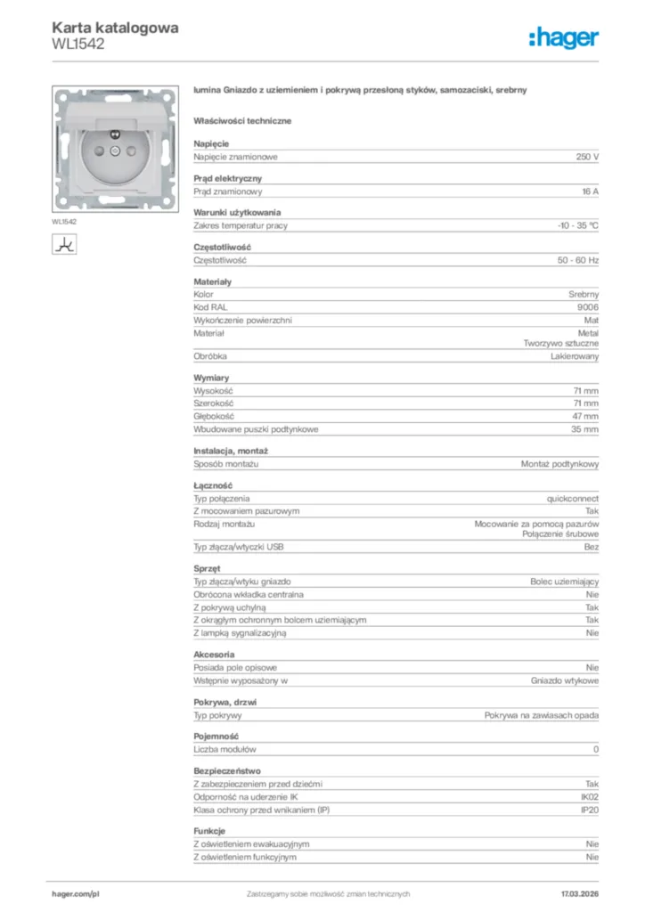 Zdjęcie Hager Karta katalogowa WL1542 | Hager Polska