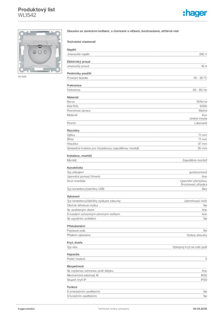 Obrázek Hager Product data sheet WL1542 | Hager