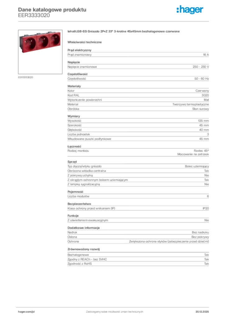 Zdjęcie Hager Karta katalogowa EER3333020 | Hager Polska