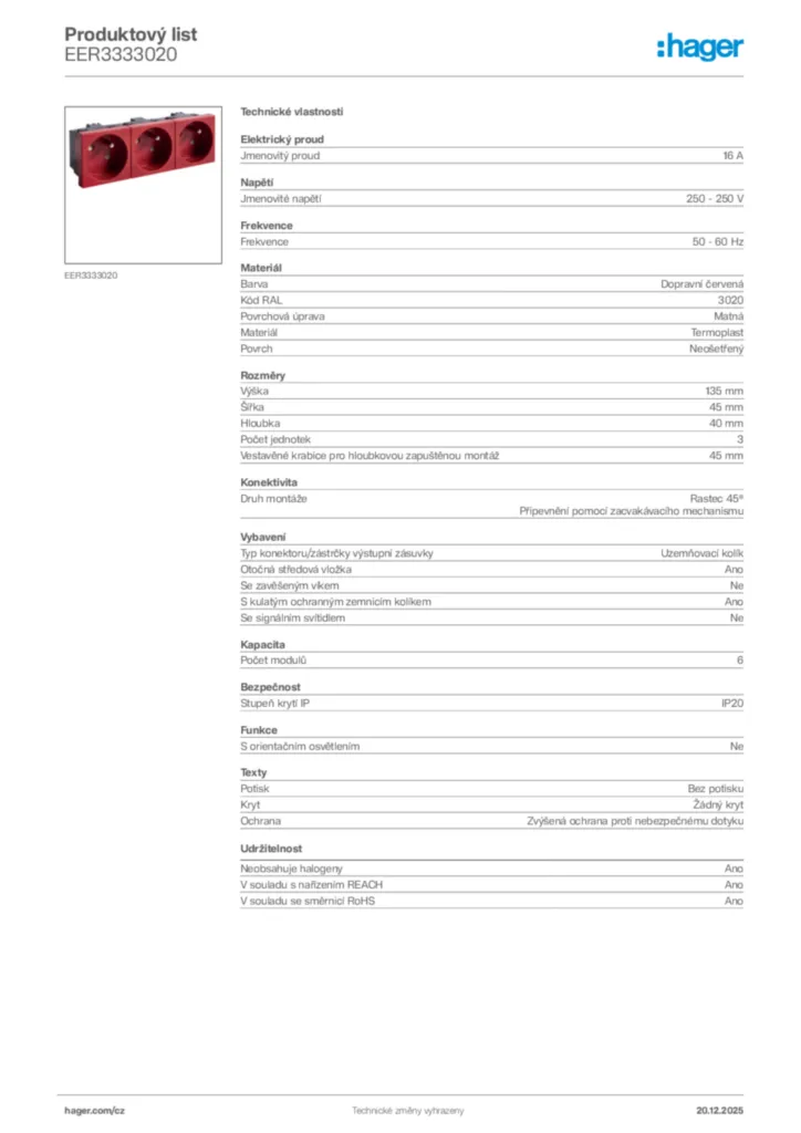 Obrázek Hager Produktový list EER3333020 | Hager
