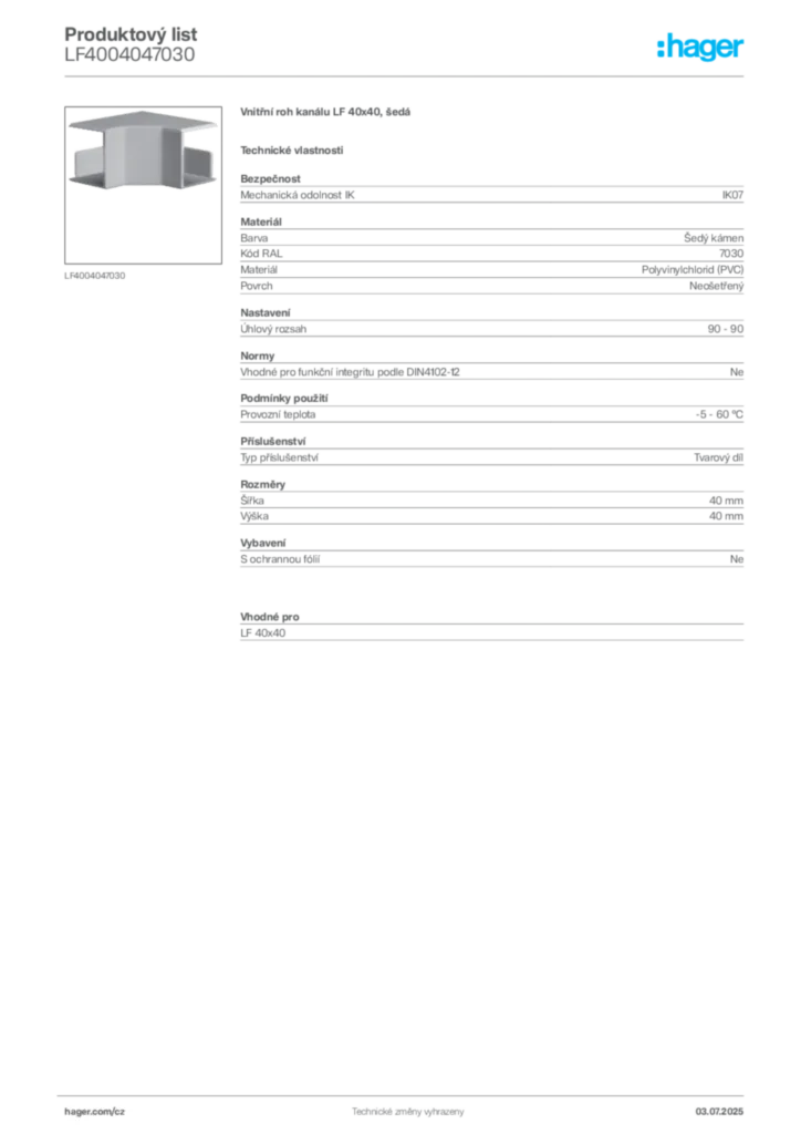 Obrázek Hager Produktový list LF4004047030 | Hager