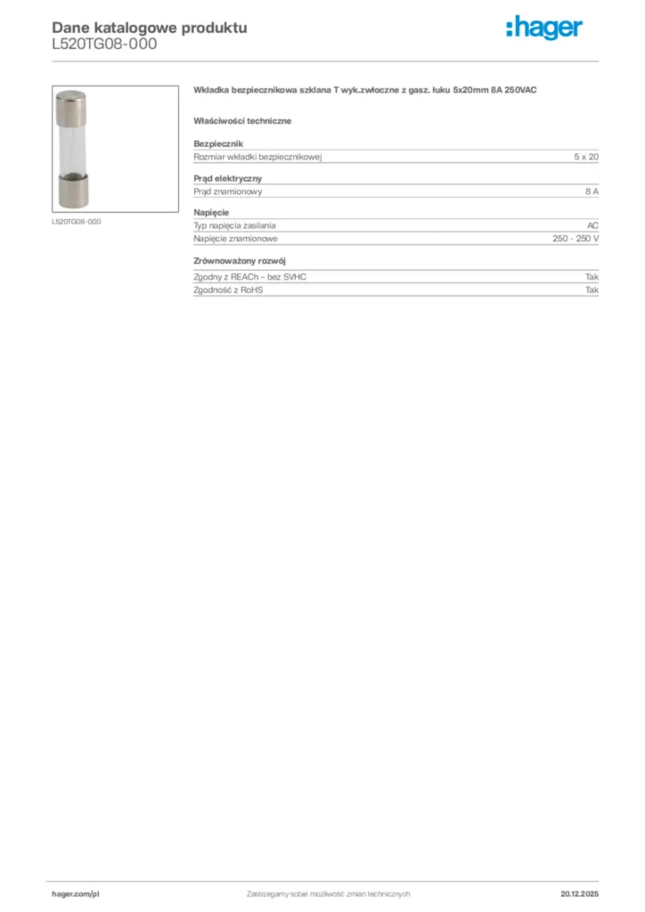 Zdjęcie Hager Karta katalogowa L520TG08-000 | Hager Polska