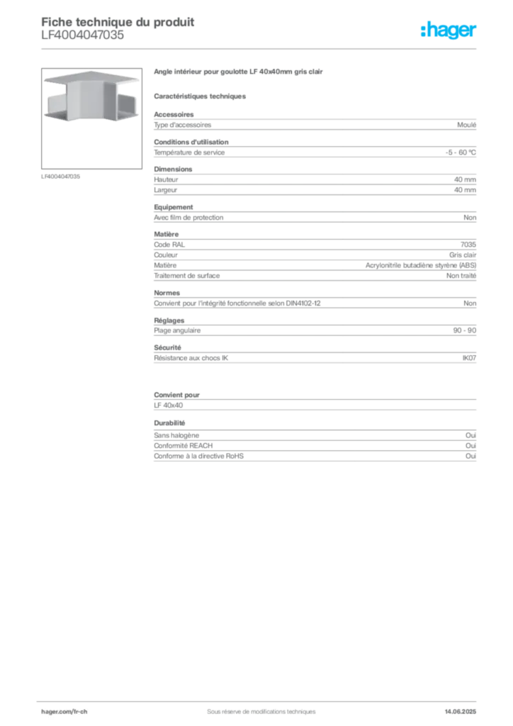 Image Hager Fiche technique du produit LF4004047035 | Hager Suisse