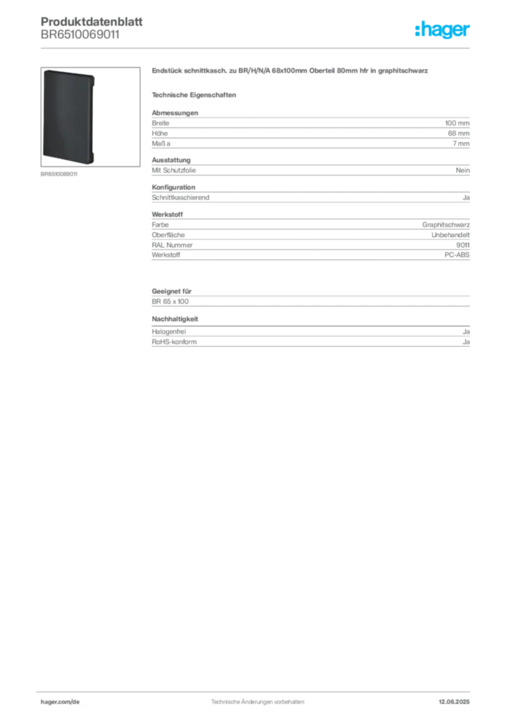 Bild Hager Produktdatenblatt BR6510069011 | Hager Deutschland