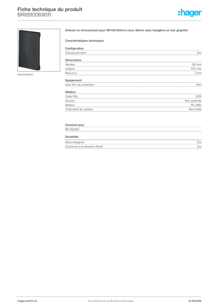 Image Hager Fiche technique du produit BR6510069011 | Hager Suisse
