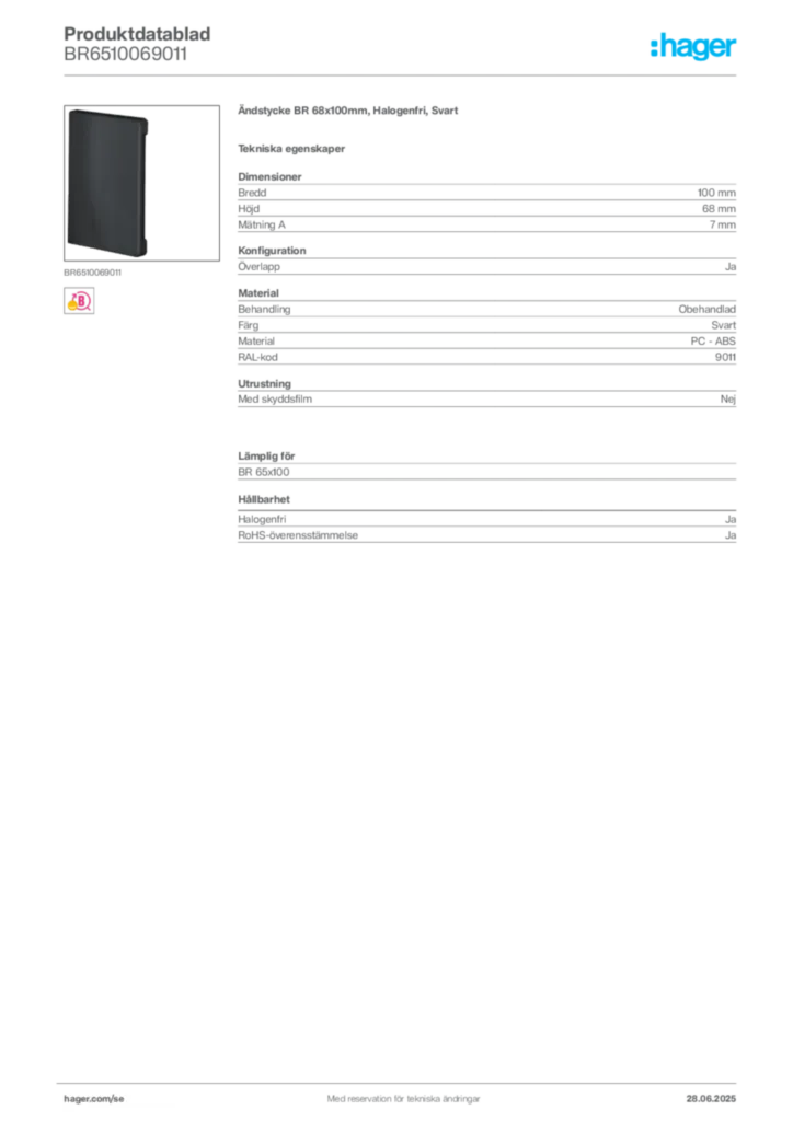 Bild Hager Produktdatablad BR6510069011 | Hager Sverige