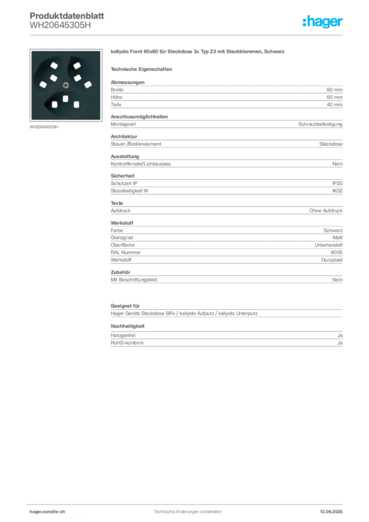 Bild Hager Produktdatenblatt WH20645305H | Hager Schweiz