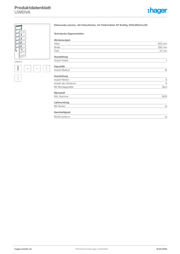 Bild Hager Produktdatenblatt UW61VA | Hager Schweiz