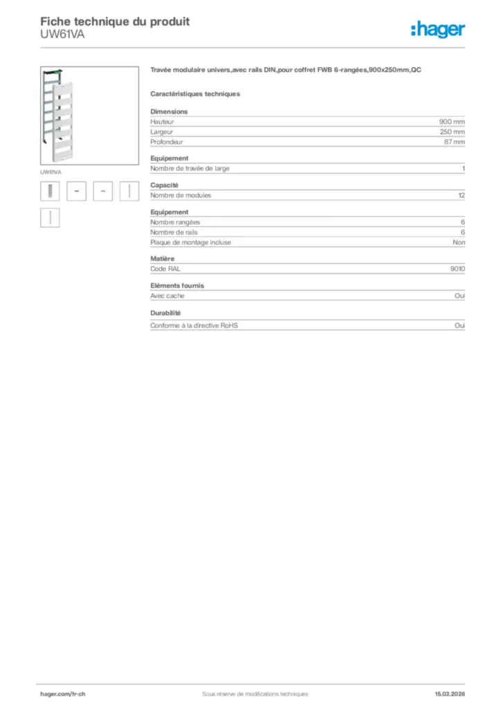 Image Hager Fiche technique du produit UW61VA | Hager Suisse