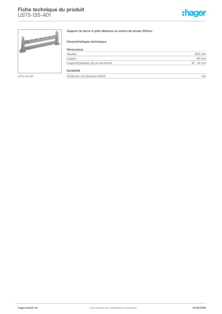Image Hager Fiche technique du produit UST5-135-401 | Hager Suisse
