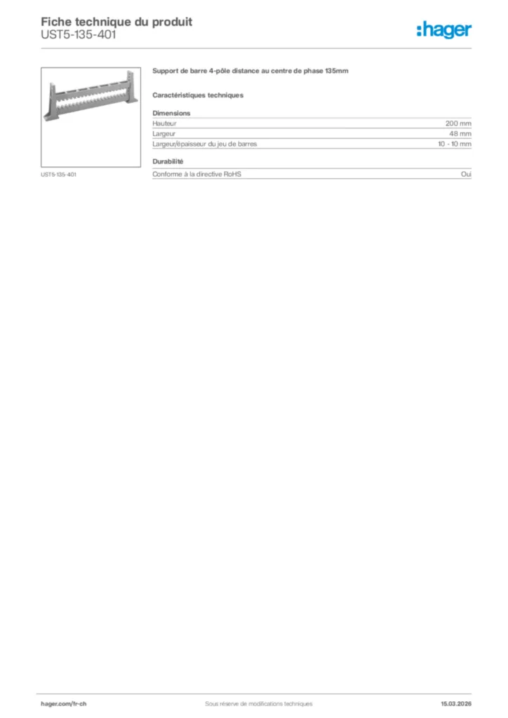 Image Hager Fiche technique du produit UST5-135-401 | Hager Suisse