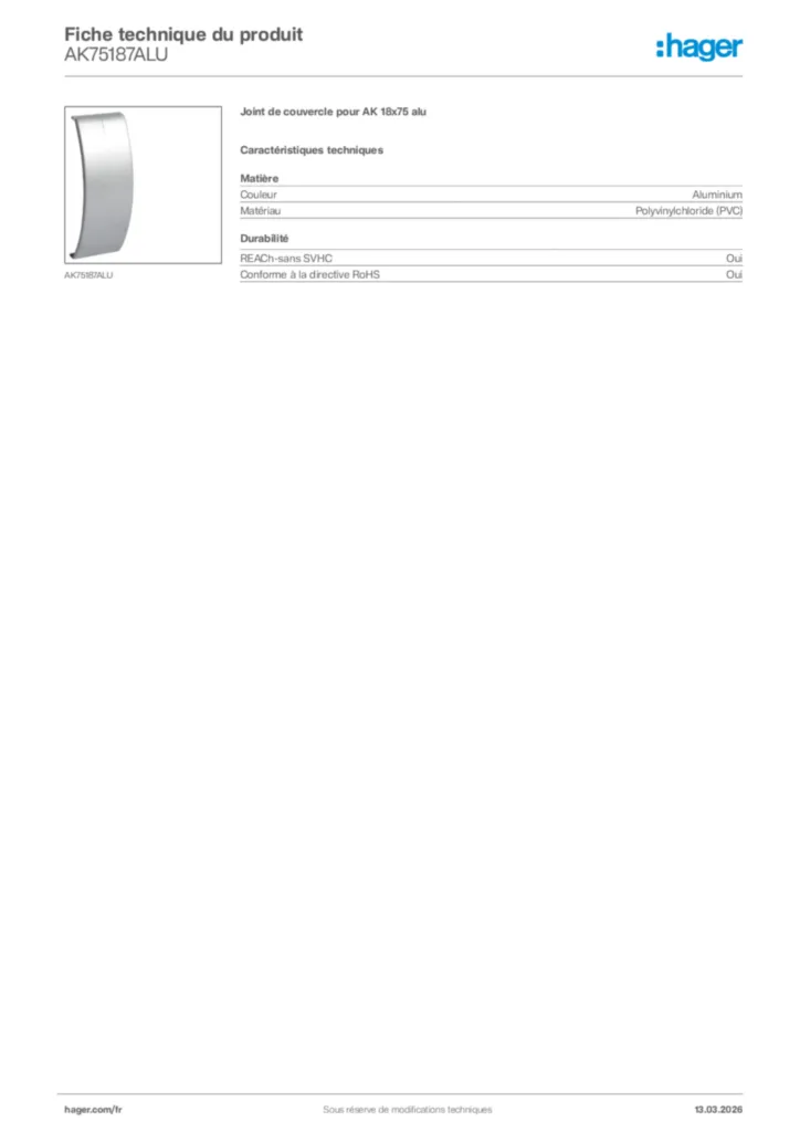 Image Hager Fiche technique du produit AK75187ALU | Hager France