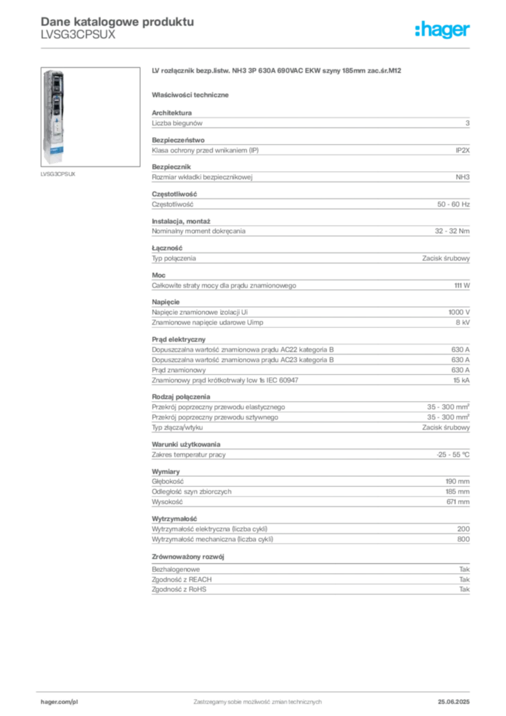 Zdjęcie Hager Karta katalogowa LVSG3CPSUX | Hager Polska