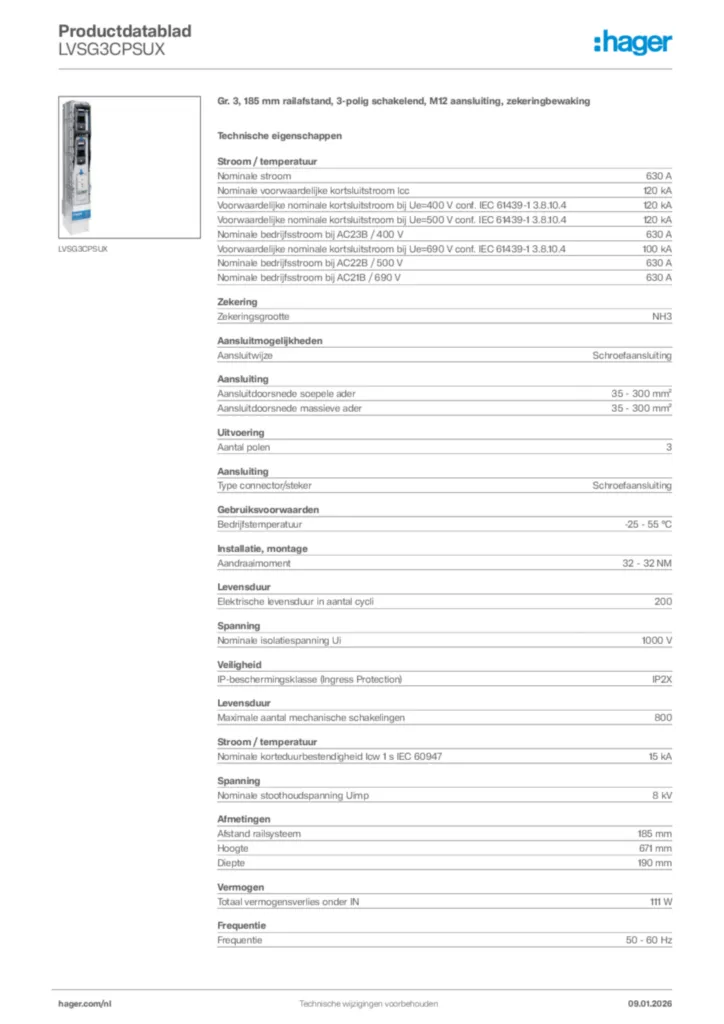 Afbeelding Hager Productdatablad LVSG3CPSUX | Hager Nederland