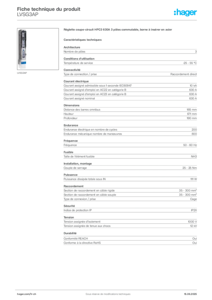Image Hager Fiche technique du produit LVSG3AP | Hager Suisse