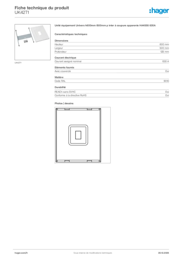 Image Hager Fiche technique du produit UK42T1 | Hager France