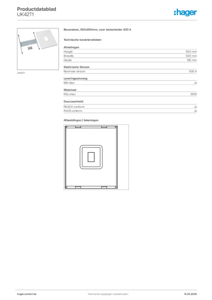 Afbeelding Hager Productdatablad UK42T1 | Hager Belgium
