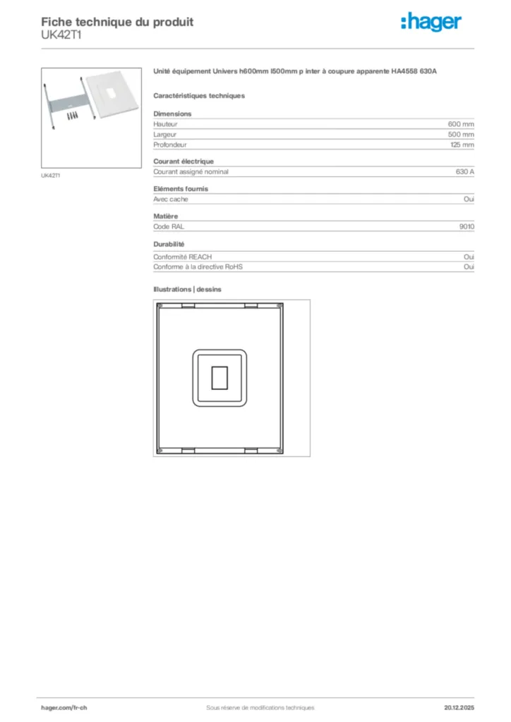 Image Hager Fiche technique du produit UK42T1 | Hager Suisse