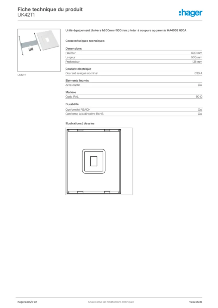Image Hager Fiche technique du produit UK42T1 | Hager Suisse