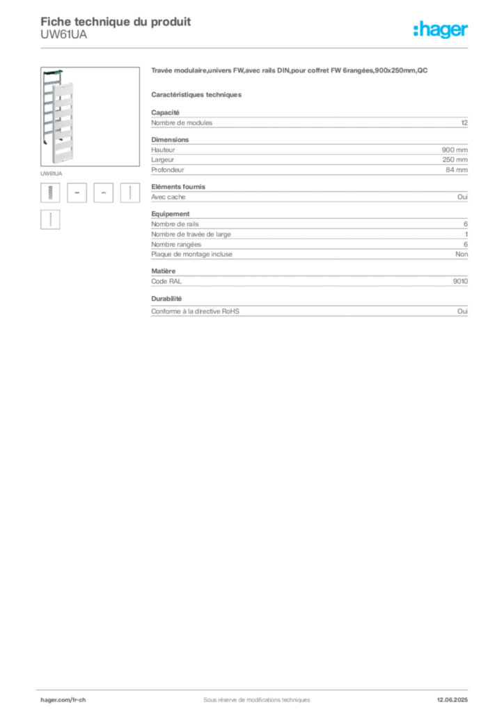Image Hager Fiche technique du produit UW61UA | Hager Suisse