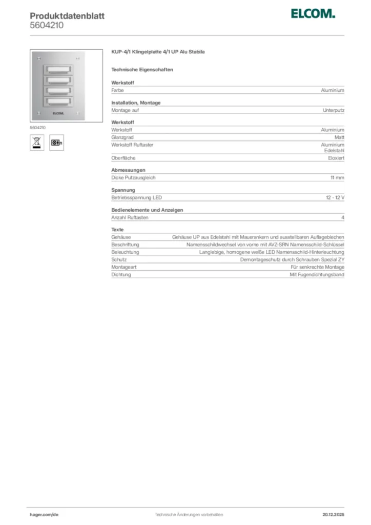 Bild Elcom Produktdatenblatt 5604210 | Hager Deutschland