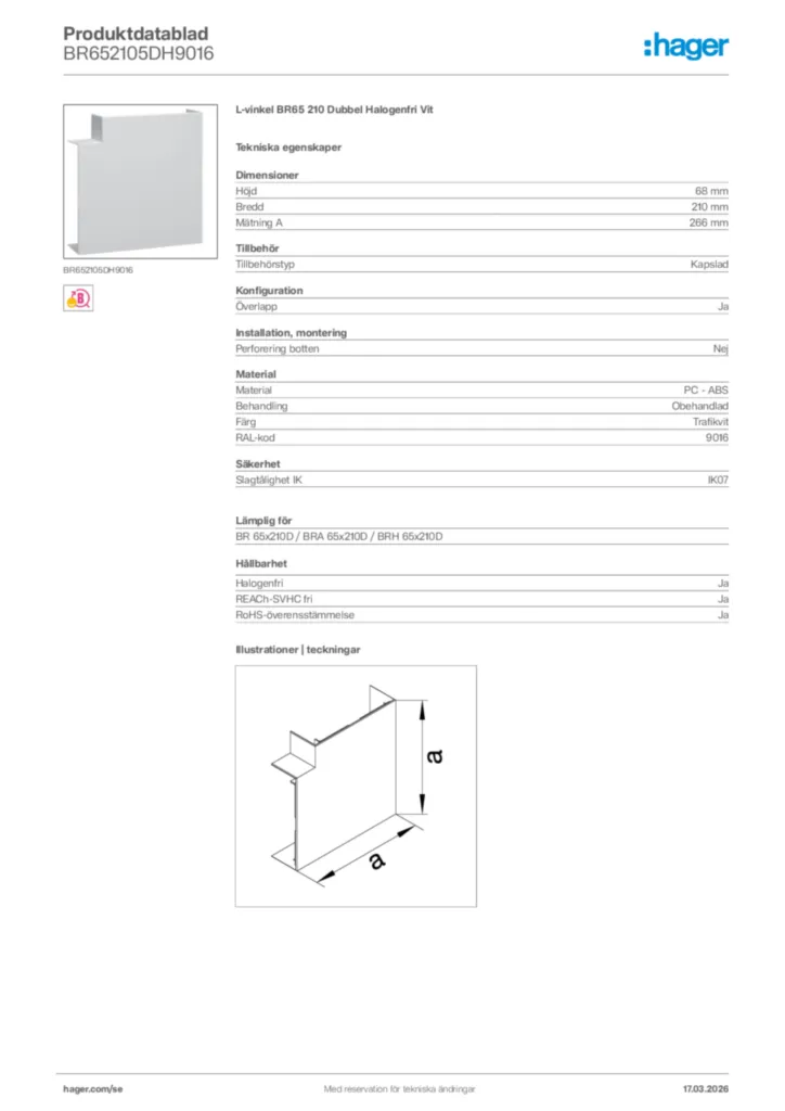 Bild Hager Produktdatablad BR652105DH9016 | Hager Sverige
