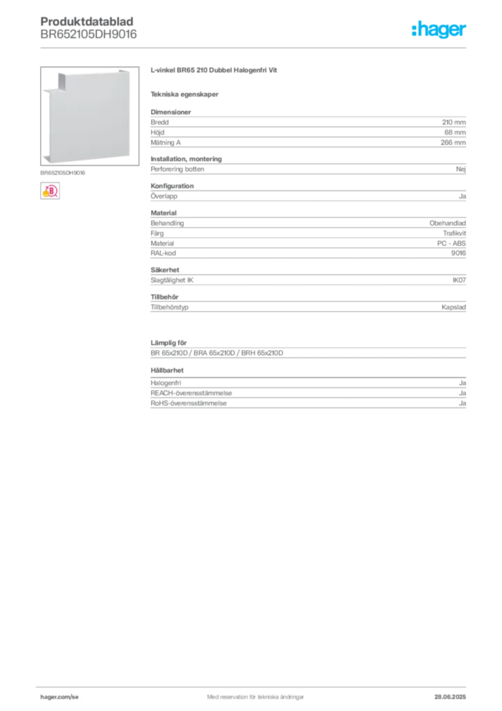 Bild Hager Produktdatablad BR652105DH9016 | Hager Sverige