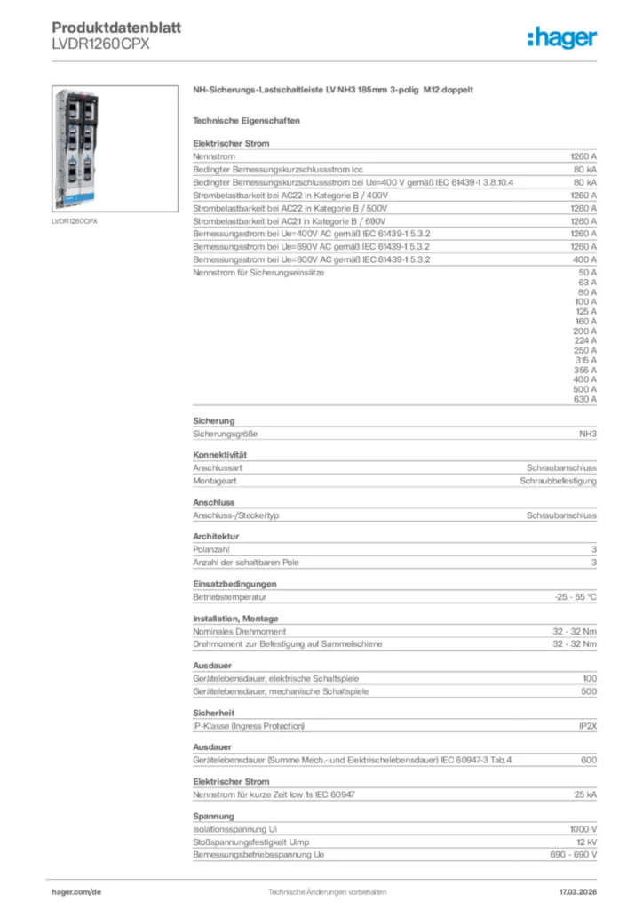 Bild Hager Produktdatenblatt LVDR1260CPX | Hager Deutschland